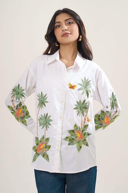Elarra By Pratyancha Poplin Palm Tree & Butterfly Embroidered Shirt 