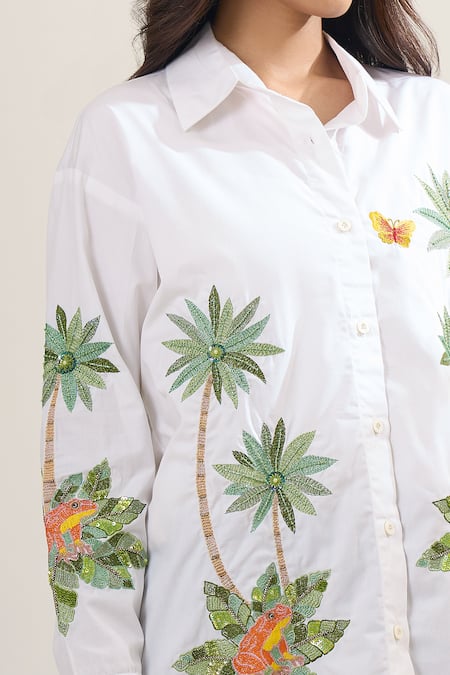 Elarra By Pratyancha_White Poplin Embroidery, Sequins, Applique Collared Palm Tree And Butterfly Shirt _at_Aza_Fashions