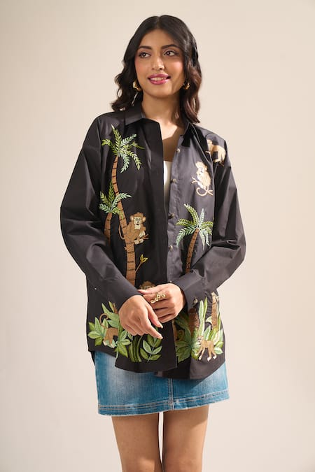 Elarra By Pratyancha Poplin Jungle Monkey Embroidered Shirt 