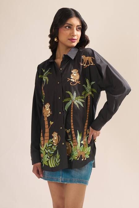 Elarra By Pratyancha_Black Poplin Embroidery Collared Jungle Monkey Shirt _Online_at_Aza_Fashions