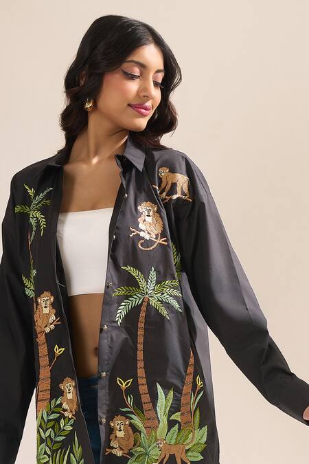Elarra By Pratyancha_Black Poplin Embroidery Collared Jungle Monkey Shirt _at_Aza_Fashions