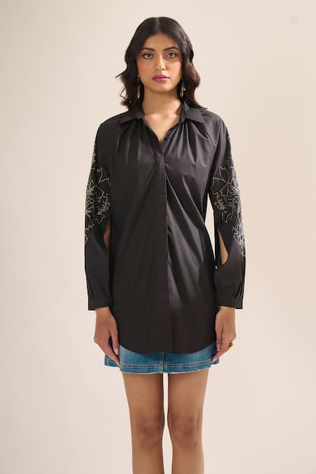 Elarra By Pratyancha_Black Poplin Embroidery Collared, V-neck Puff Sleeve Cutdana Work Shirt _Online_at_Aza_Fashions