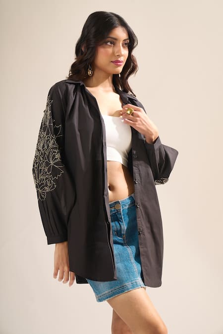 Elarra By Pratyancha Poplin Puff Sleeve Cutdana Work Shirt 