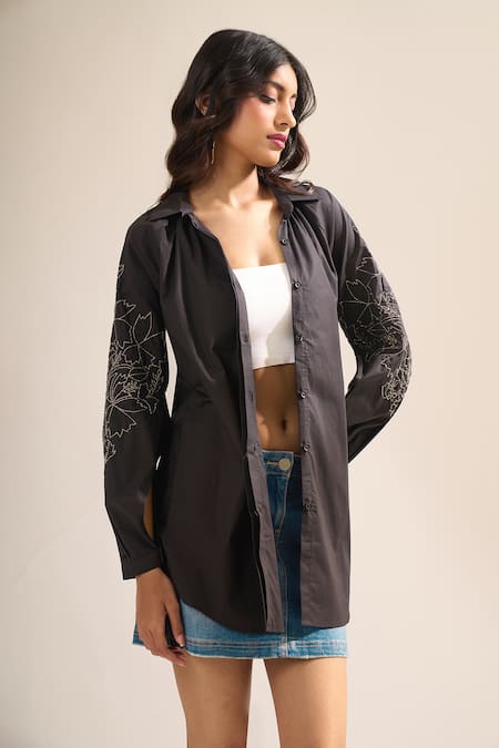 Shop_Elarra By Pratyancha_Black Poplin Embroidery Collared, V-neck Puff Sleeve Cutdana Work Shirt _Online_at_Aza_Fashions