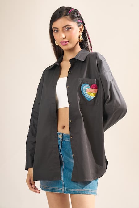 Elarra By Pratyancha_Black Poplin Embroidery Collared Heart Shirt _Online_at_Aza_Fashions