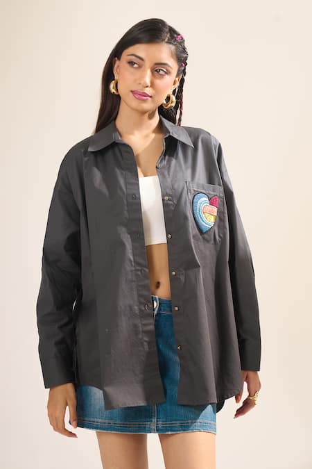 Buy_Elarra By Pratyancha_Black Poplin Embroidery Collared Heart Shirt _Online_at_Aza_Fashions
