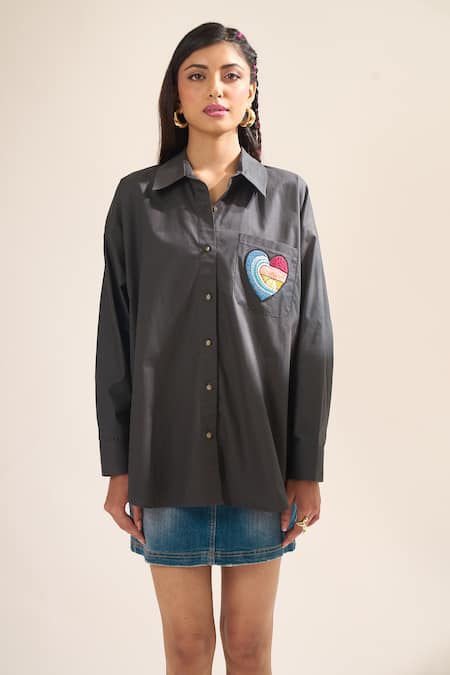 Shop_Elarra By Pratyancha_Black Poplin Embroidery Collared Heart Shirt _Online_at_Aza_Fashions