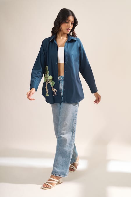 Shop_Elarra By Pratyancha_Navy Poplin Embroidery, Studs Collared, V-neck Swan And Jungle Print Shirt _Online_at_Aza_Fashions