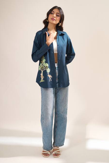 Elarra By Pratyancha_Navy Poplin Embroidery, Studs Collared, V-neck Swan And Jungle Print Shirt _at_Aza_Fashions