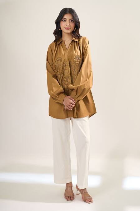 Elarra By Pratyancha_Brown Poplin Embroidery Collared, V-neck Cutdana Work Shirt _Online_at_Aza_Fashions