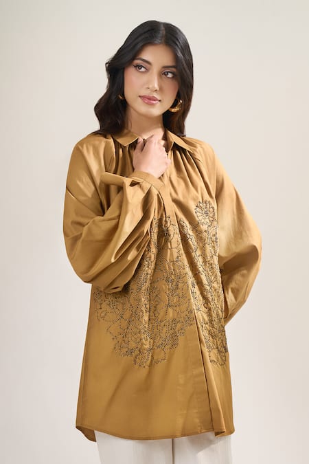 Buy_Elarra By Pratyancha_Brown Poplin Embroidery Collared, V-neck Cutdana Work Shirt _Online_at_Aza_Fashions