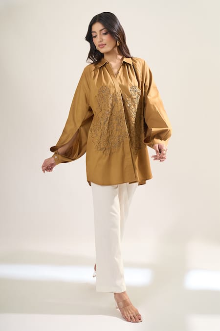 Shop_Elarra By Pratyancha_Brown Poplin Embroidery Collared, V-neck Cutdana Work Shirt _Online_at_Aza_Fashions