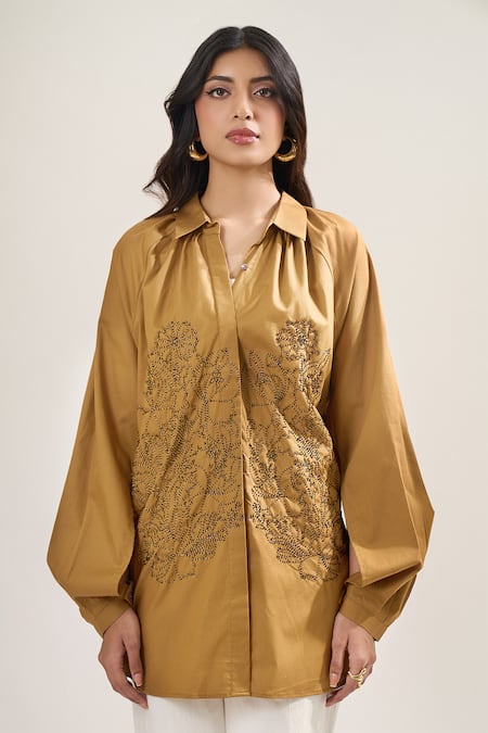 Elarra By Pratyancha_Brown Poplin Embroidery Collared, V-neck Cutdana Work Shirt _at_Aza_Fashions