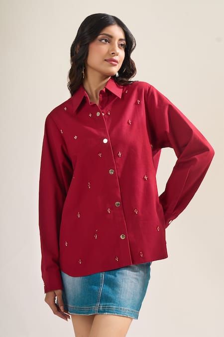 Elarra By Pratyancha_Red Denim Beads Collared Embellished Shirt _Online_at_Aza_Fashions