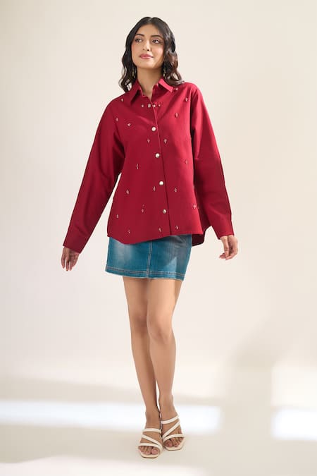 Shop_Elarra By Pratyancha_Red Denim Beads Collared Embellished Shirt _Online_at_Aza_Fashions