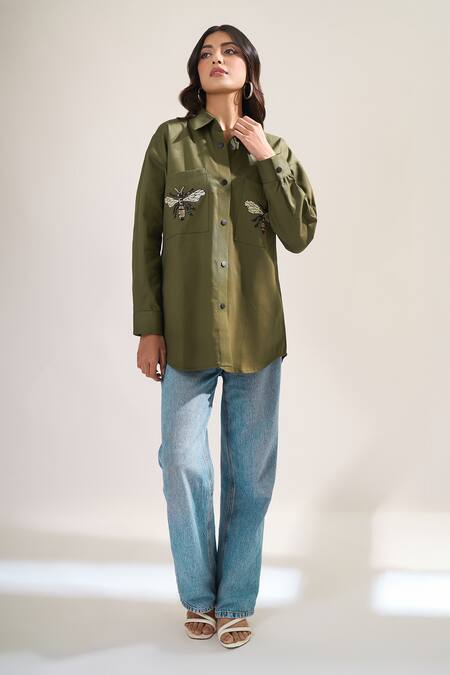Buy_Elarra By Pratyancha_Olive Green Denim Embroidery Collared Bee Shirt _Online_at_Aza_Fashions