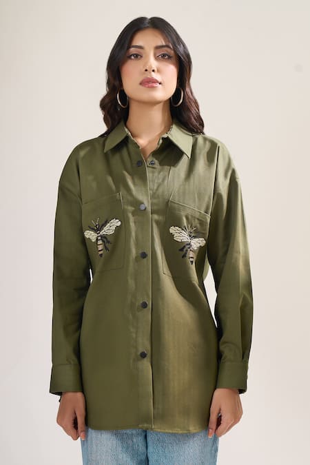 Elarra By Pratyancha_Olive Green Denim Embroidery Collared Bee Shirt _at_Aza_Fashions