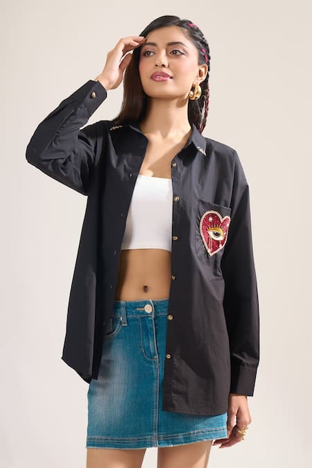 Buy_Elarra By Pratyancha_Black Poplin Sequins, Stones Collared Pop Cherry Heart Embroidered Shirt _Online_at_Aza_Fashions