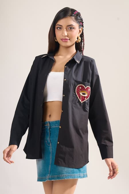 Shop_Elarra By Pratyancha_Black Poplin Sequins, Stones Collared Pop Cherry Heart Embroidered Shirt _Online_at_Aza_Fashions