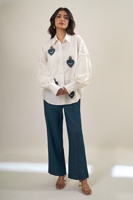 Elarra By Pratyancha_White Poplin Beads, Embroidery Collared Evil Eye Heart Shirt _Online_at_Aza_Fashions