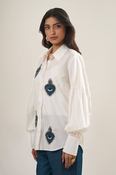 Buy_Elarra By Pratyancha_White Poplin Beads, Embroidery Collared Evil Eye Heart Shirt _Online_at_Aza_Fashions