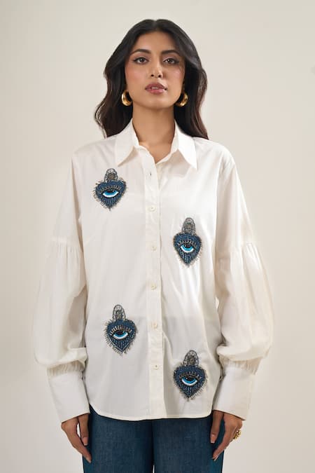 Shop_Elarra By Pratyancha_White Poplin Beads, Embroidery Collared Evil Eye Heart Shirt _Online_at_Aza_Fashions