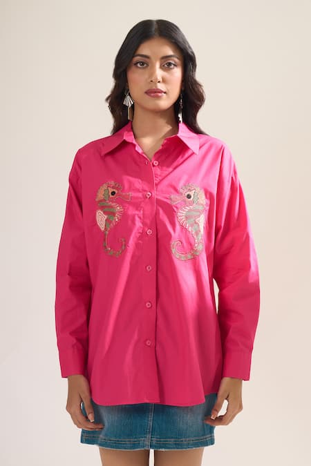 Shop Elarra By Pratyancha Pink Poplin Embroidery Collared Seahorse Shirt Online at Aza Fashions Shop_Elarra By Pratyancha_Pink Poplin Embroidery Collared Seahorse Shirt _Online_at_Aza_Fashions