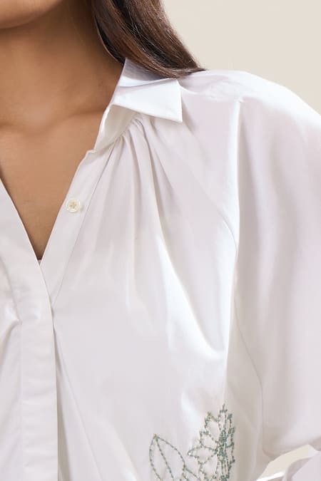 Elarra By Pratyancha_White Poplin Cut Work, Embroidery, Beads Collared, V-neck Cutdana Shirt _Online_at_Aza_Fashions