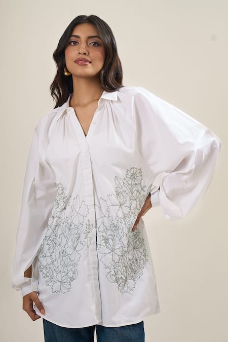 Buy_Elarra By Pratyancha_White Poplin Cut Work, Embroidery, Beads Collared, V-neck Cutdana Shirt _Online_at_Aza_Fashions