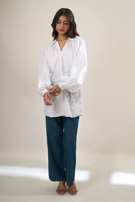 Shop_Elarra By Pratyancha_White Poplin Cut Work, Embroidery, Beads Collared, V-neck Cutdana Shirt _Online_at_Aza_Fashions
