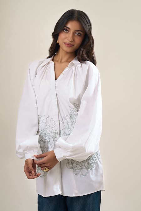 Elarra By Pratyancha Poplin Cutdana Work Embroidered Shirt 