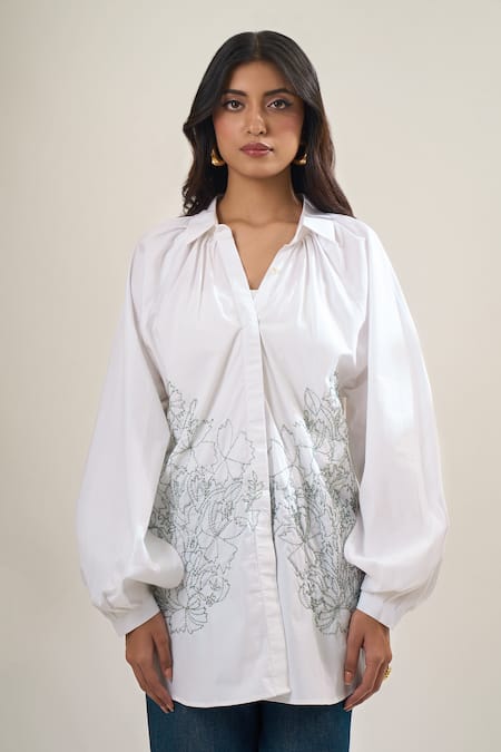 Elarra By Pratyancha_White Poplin Cut Work, Embroidery, Beads Collared, V-neck Cutdana Shirt _at_Aza_Fashions
