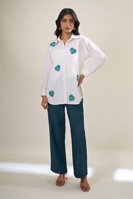 Elarra By Pratyancha_White Poplin Embroidery, Sequins Collared, Royal Mini Heart Embellished Shirt _Online_at_Aza_Fashions