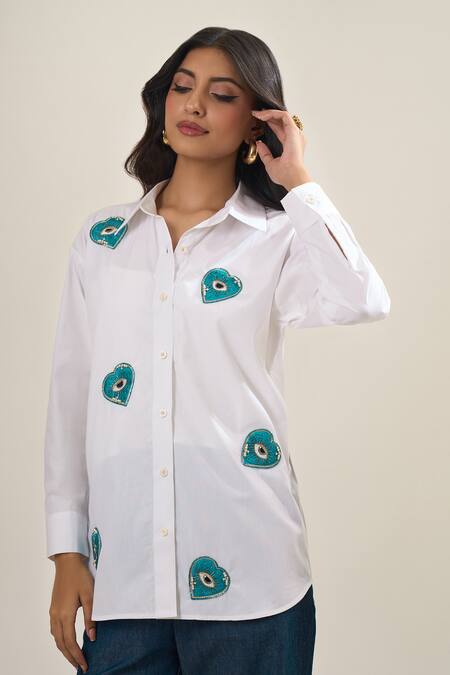Shop_Elarra By Pratyancha_White Poplin Embroidery, Sequins Collared, Royal Mini Heart Embellished Shirt _Online_at_Aza_Fashions