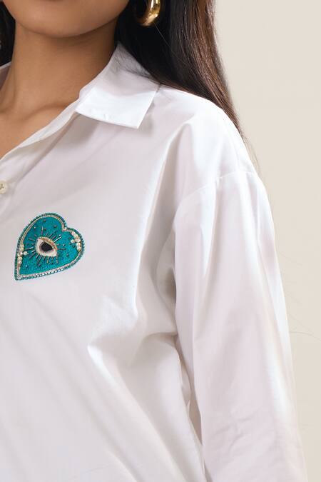 Elarra By Pratyancha_White Poplin Embroidery, Sequins Collared, Royal Mini Heart Embellished Shirt _at_Aza_Fashions