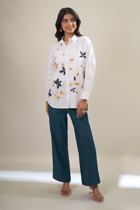 Elarra By Pratyancha_White Poplin Embroidery Collared Autumn Leaf Shirt _Online_at_Aza_Fashions