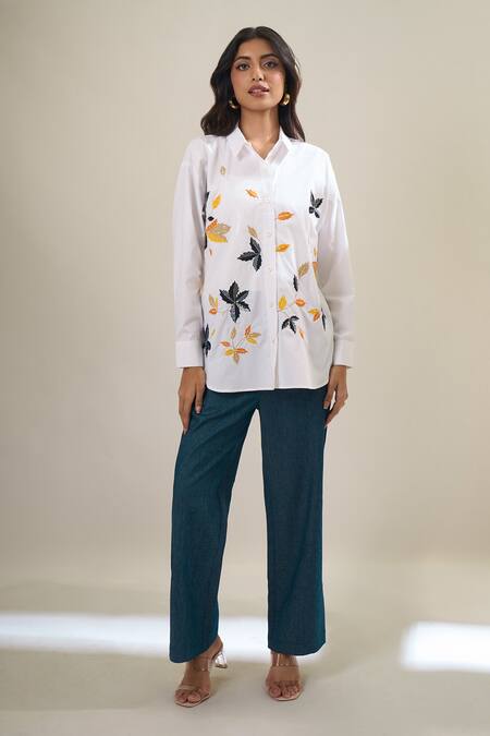 Buy_Elarra By Pratyancha_White Poplin Embroidery Collared Autumn Leaf Shirt _Online_at_Aza_Fashions