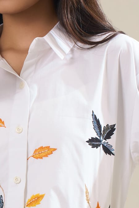 Elarra By Pratyancha_White Poplin Embroidery Collared Autumn Leaf Shirt _at_Aza_Fashions