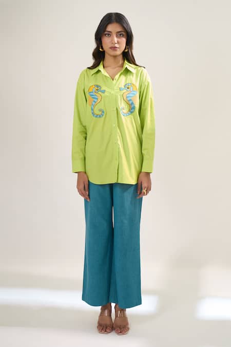 Elarra By Pratyancha_Green Poplin Embroidery Collared, V-neck Seahorse Shirt _Online_at_Aza_Fashions