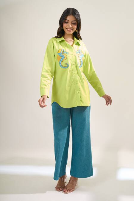 Buy_Elarra By Pratyancha_Green Poplin Embroidery Collared, V-neck Seahorse Shirt _Online_at_Aza_Fashions