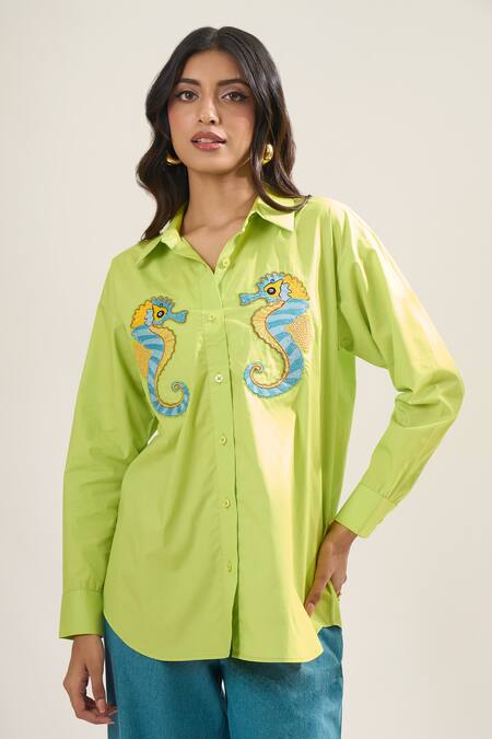 Elarra By Pratyancha_Green Poplin Embroidery Collared, V-neck Seahorse Shirt _at_Aza_Fashions
