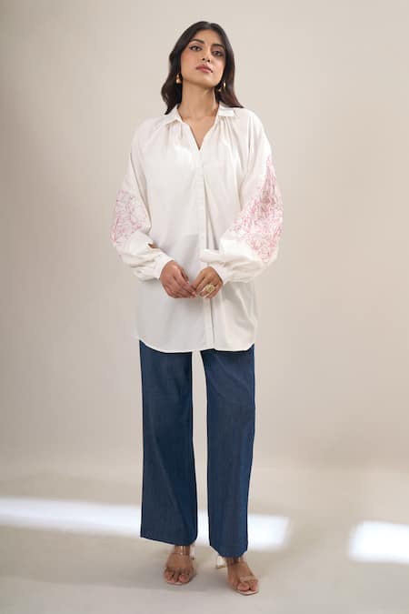 Elarra By Pratyancha White Poplin Embroidery Collared, V-neck Puff Sleeve Shirt Online at Aza Fashions Elarra By Pratyancha_White Poplin Embroidery Collared, V-neck Puff Sleeve Shirt _Online_at_Aza_Fashions