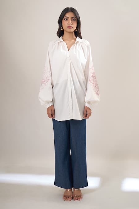 Buy Elarra By Pratyancha White Poplin Embroidery Collared, V-neck Puff Sleeve Shirt Online at Aza Fashions Buy_Elarra By Pratyancha_White Poplin Embroidery Collared, V-neck Puff Sleeve Shirt _Online_at_Aza_Fashions