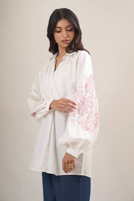 Elarra By Pratyancha White Poplin Embroidery Collared, V-neck Puff Sleeve Shirt at Aza Fashions Elarra By Pratyancha_White Poplin Embroidery Collared, V-neck Puff Sleeve Shirt _at_Aza_Fashions
