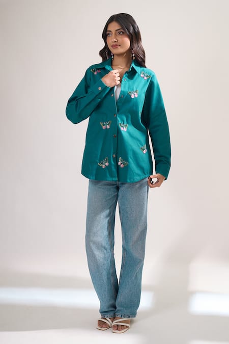 Elarra By Pratyancha_Teal Denim Embroidery Collared Butterfly Shirt _Online_at_Aza_Fashions