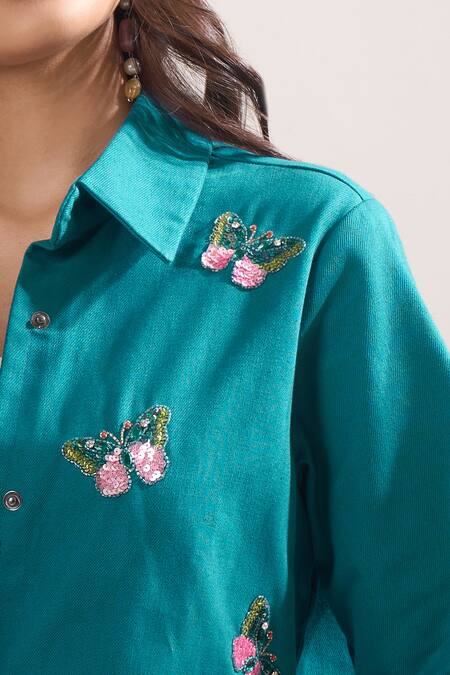 Shop_Elarra By Pratyancha_Teal Denim Embroidery Collared Butterfly Shirt _Online_at_Aza_Fashions