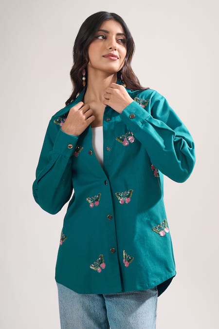 Elarra By Pratyancha Butterfly Embroidered Denim Shirt 
