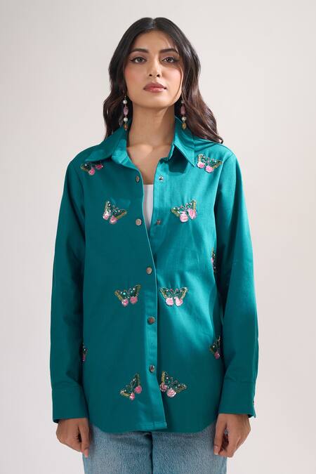 Elarra By Pratyancha_Teal Denim Embroidery Collared Butterfly Shirt _at_Aza_Fashions