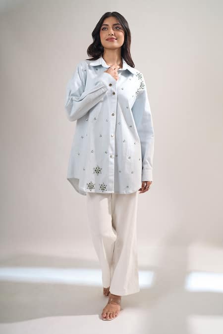 Elarra By Pratyancha_Blue Denim Stones, Beads Collared Embellished Button-down Shirt _Online_at_Aza_Fashions