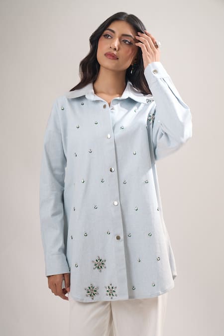 Elarra By Pratyancha Denim Embellished Button-Down Shirt 